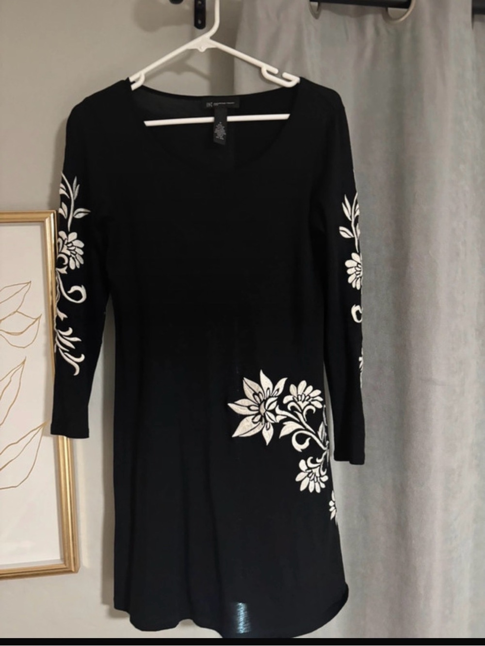 INC International Concepts Black Long Sleeve Dress with White Floral Embroidery